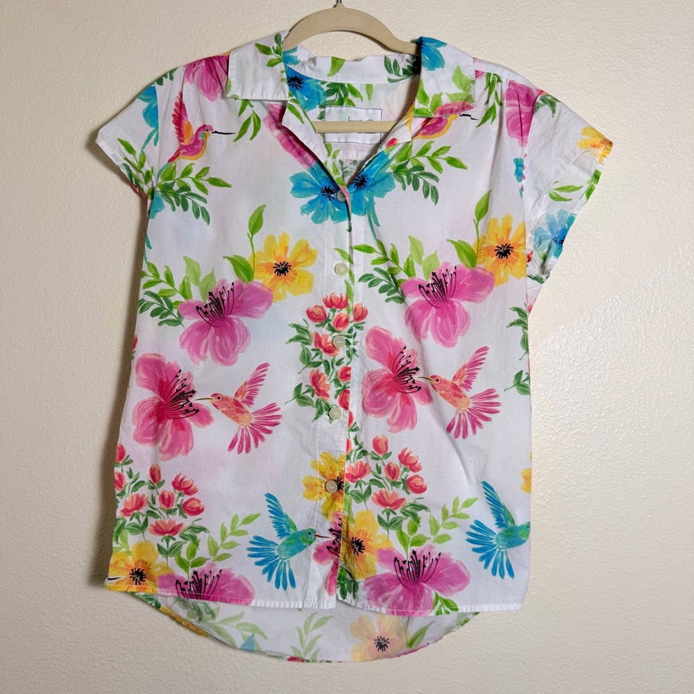 Women's White Floral & Hummingbird Short Sleeve Pajama Top